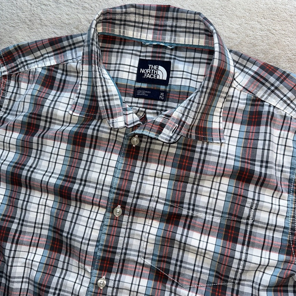 The North Face Plaid Gray Red Teal Mens Button Down XL Cotton Blend Hiking Shirt